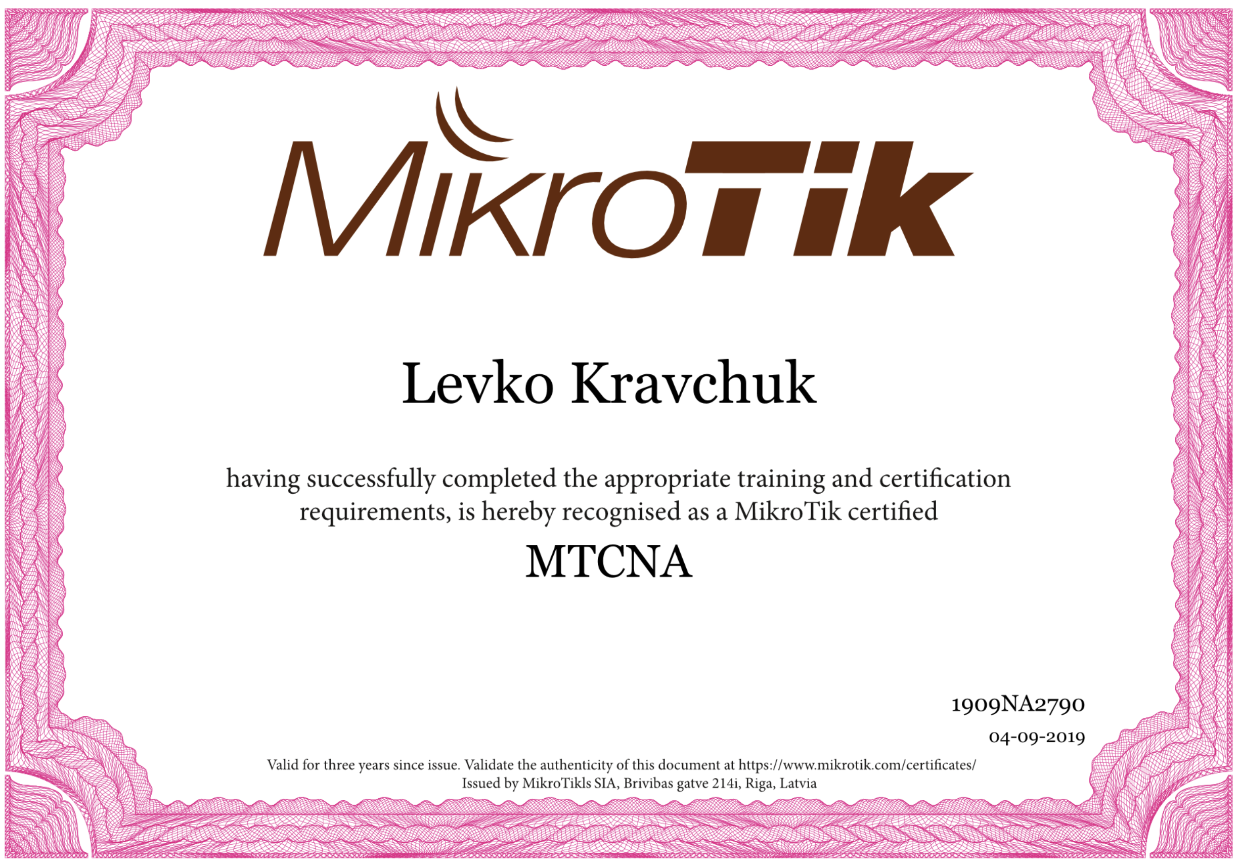 MikroTik MTCNA Certificate